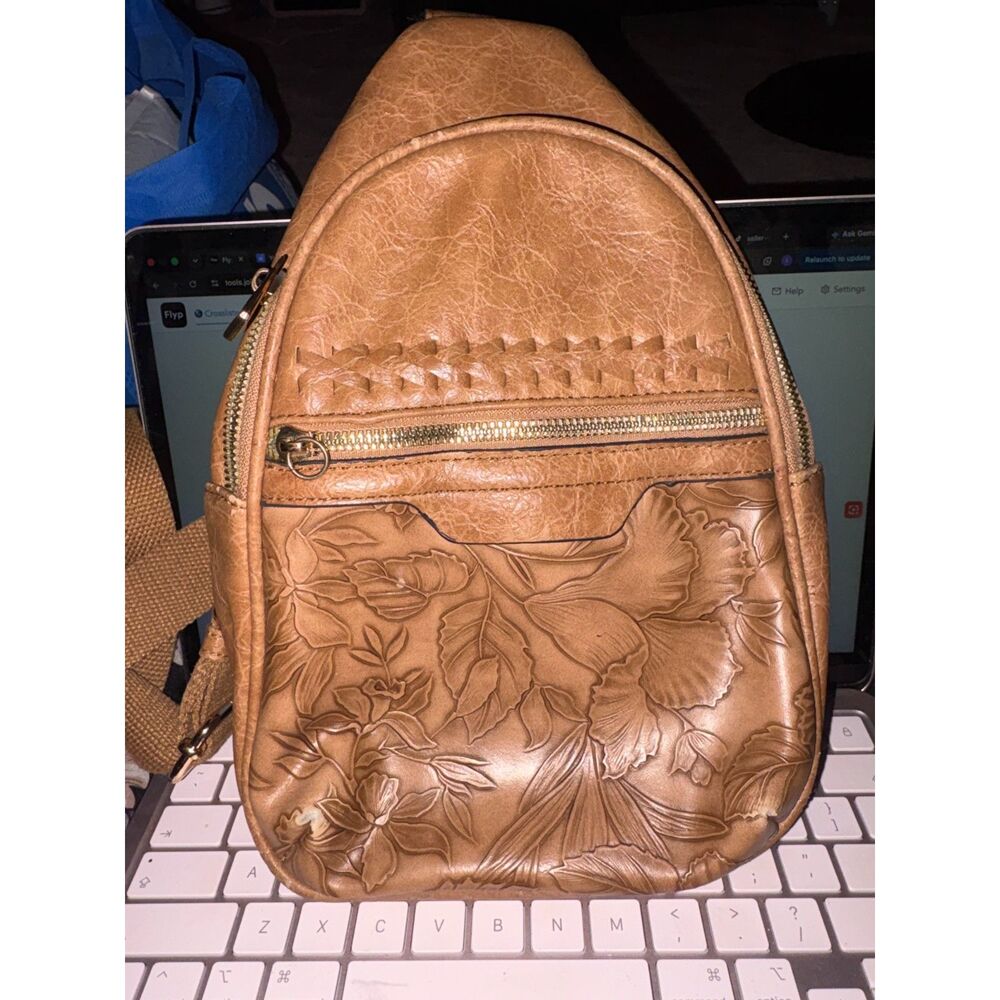 Brown Floral Embossed Sling Bag
